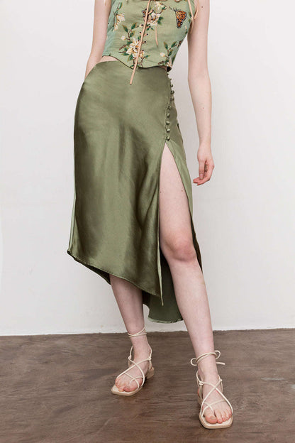 Satijne Split Rok met Knoopdetails